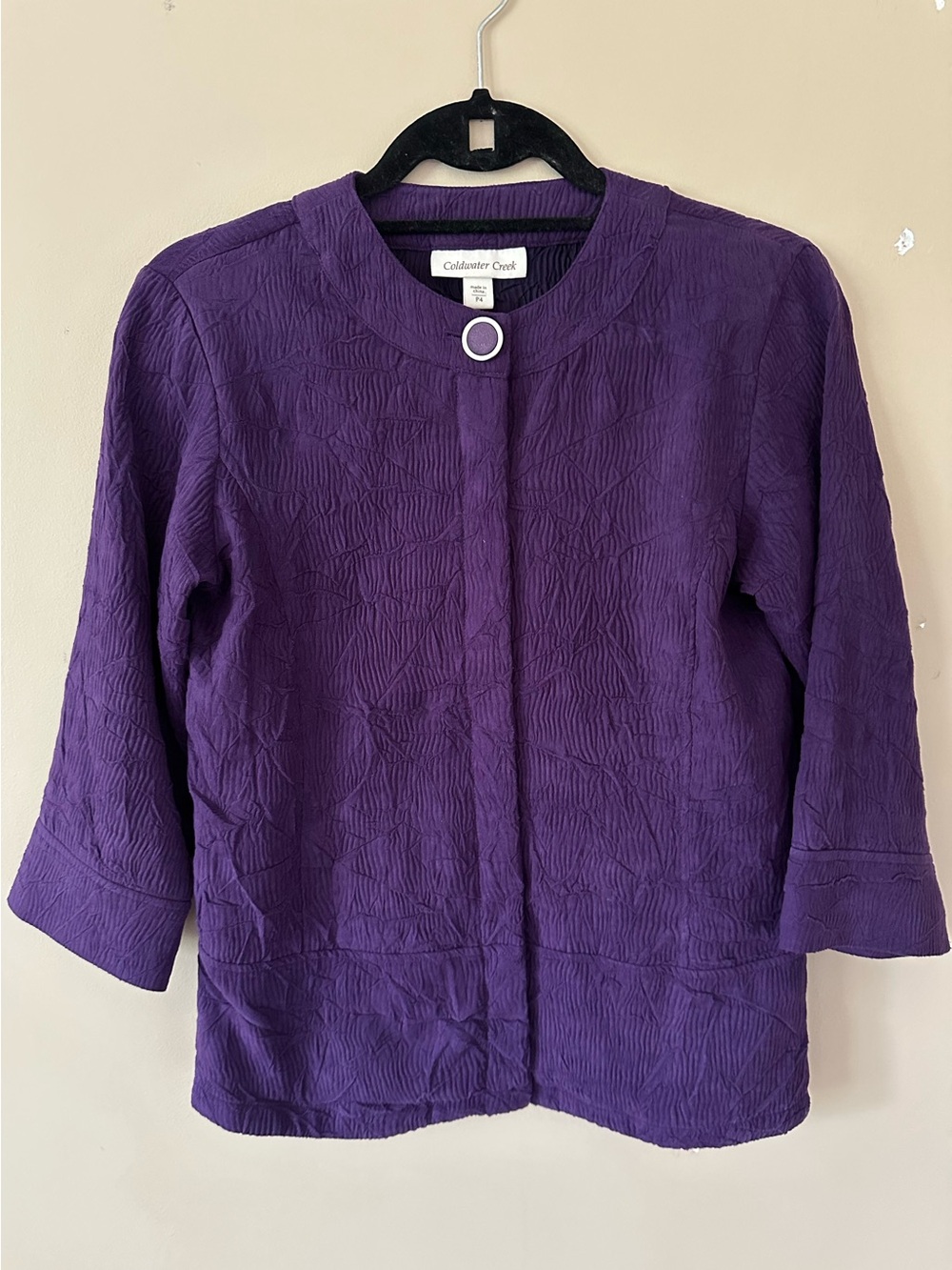 Regal Purple Crinkle Textured Jacket Top 3/4 Sleeve P4 Petite Lightweight